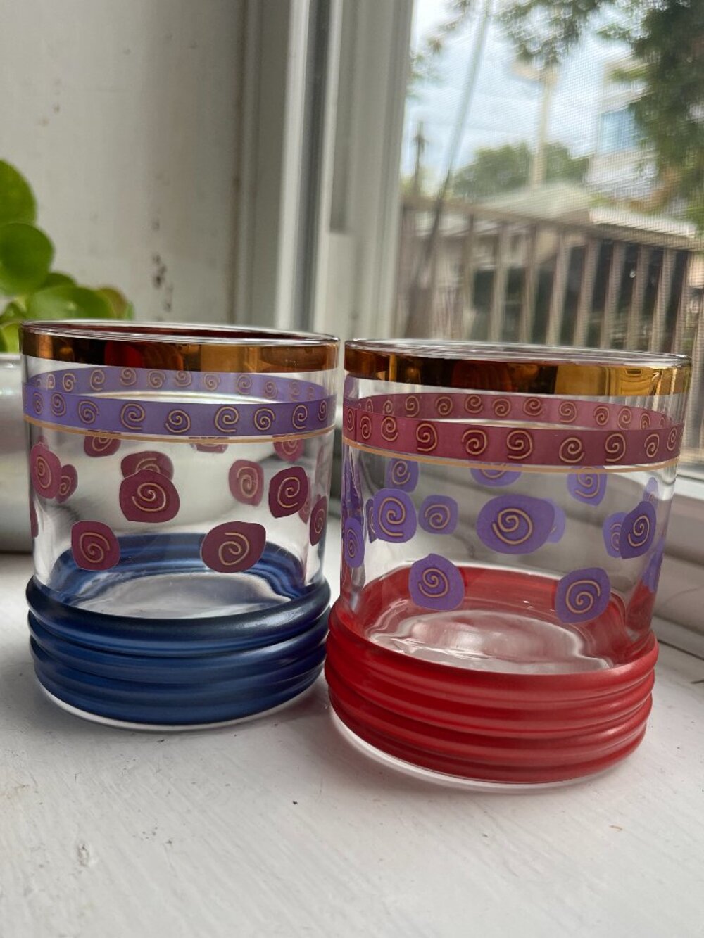 Vintage MCM Sakura Sango Sue Zipkin Rocks Whiskey Glasses Gold Rimmed Red Blue